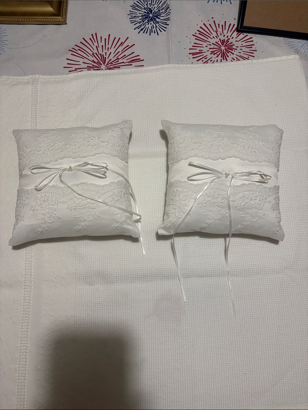 QIRMIZI 2 PC Wedding Ring Pillow - Lace Pearl Ivory Bearer Cushion
